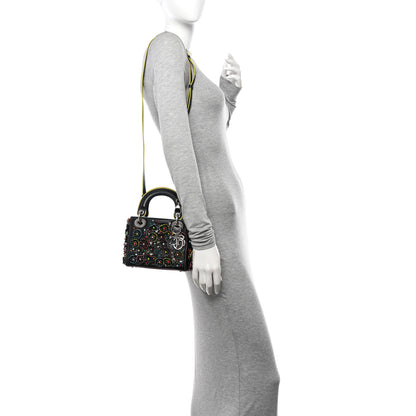 Christian Dior Lambskin Satin Sequin Floral Mini Lady Dior Black 2 of 11