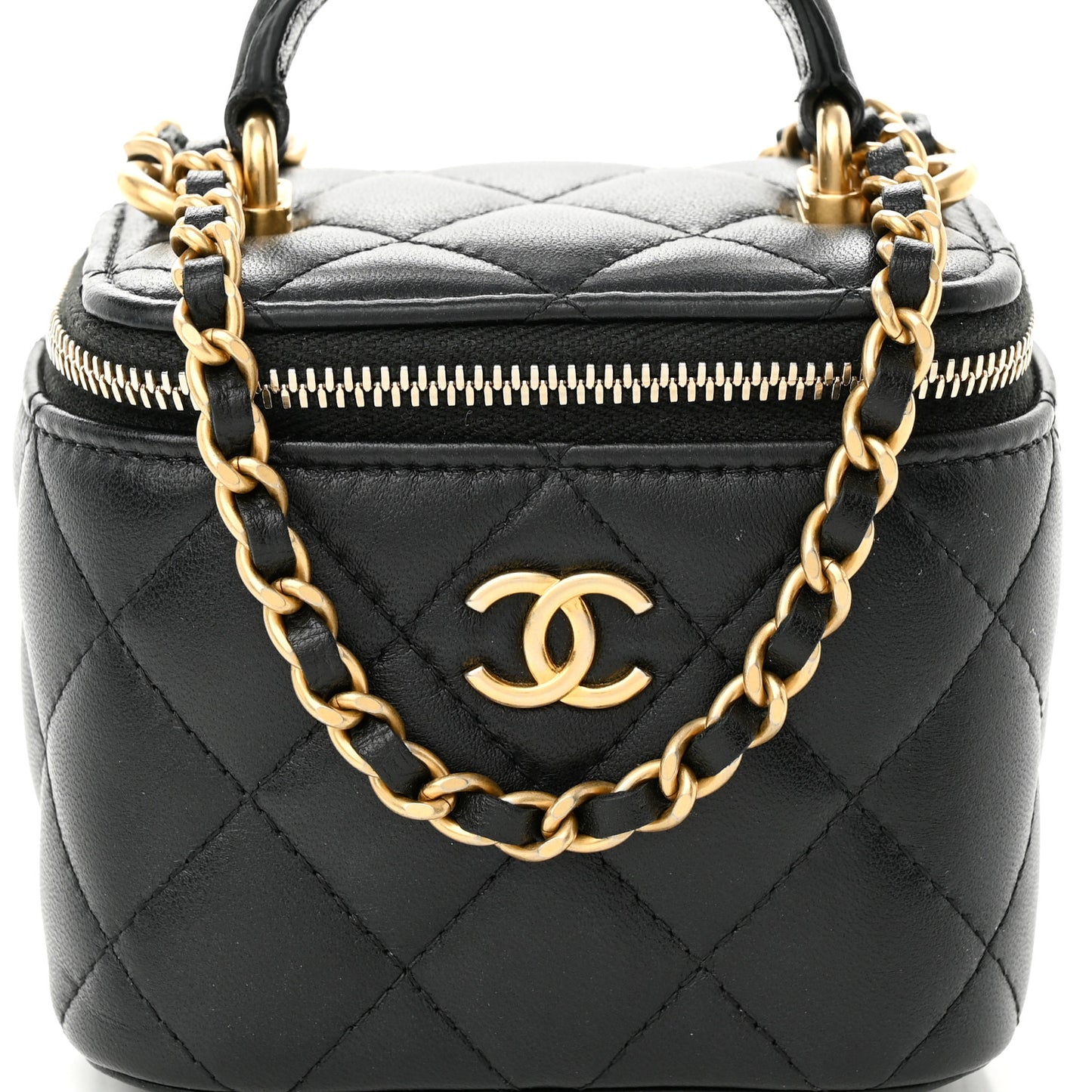 Lambskin Quilted Top Handle Mini Vanity Case With Chain Black