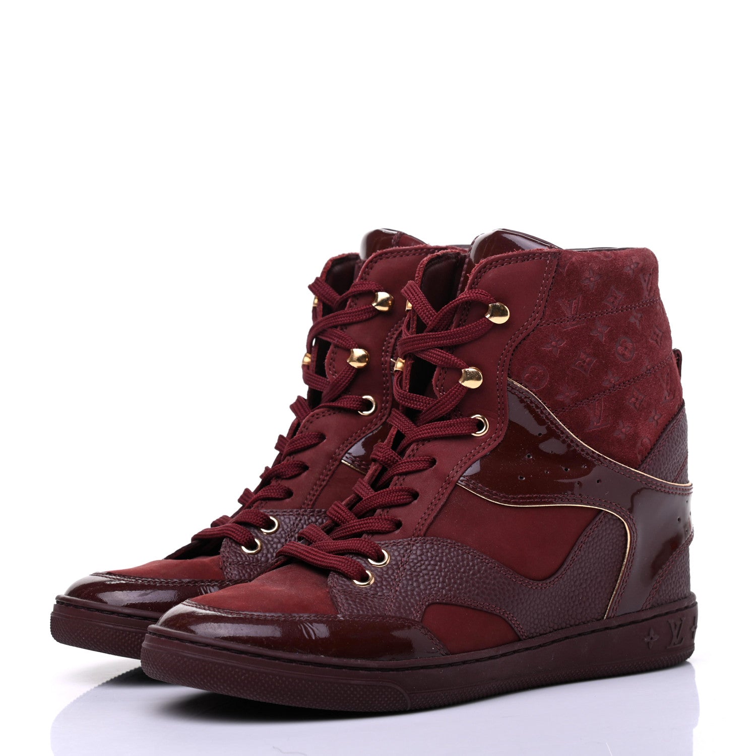 Louis Vuitton Calfskin Patent Suede Monogram Cliff Top Wedge Sneakers 36.5 Burgundy 3 of 11