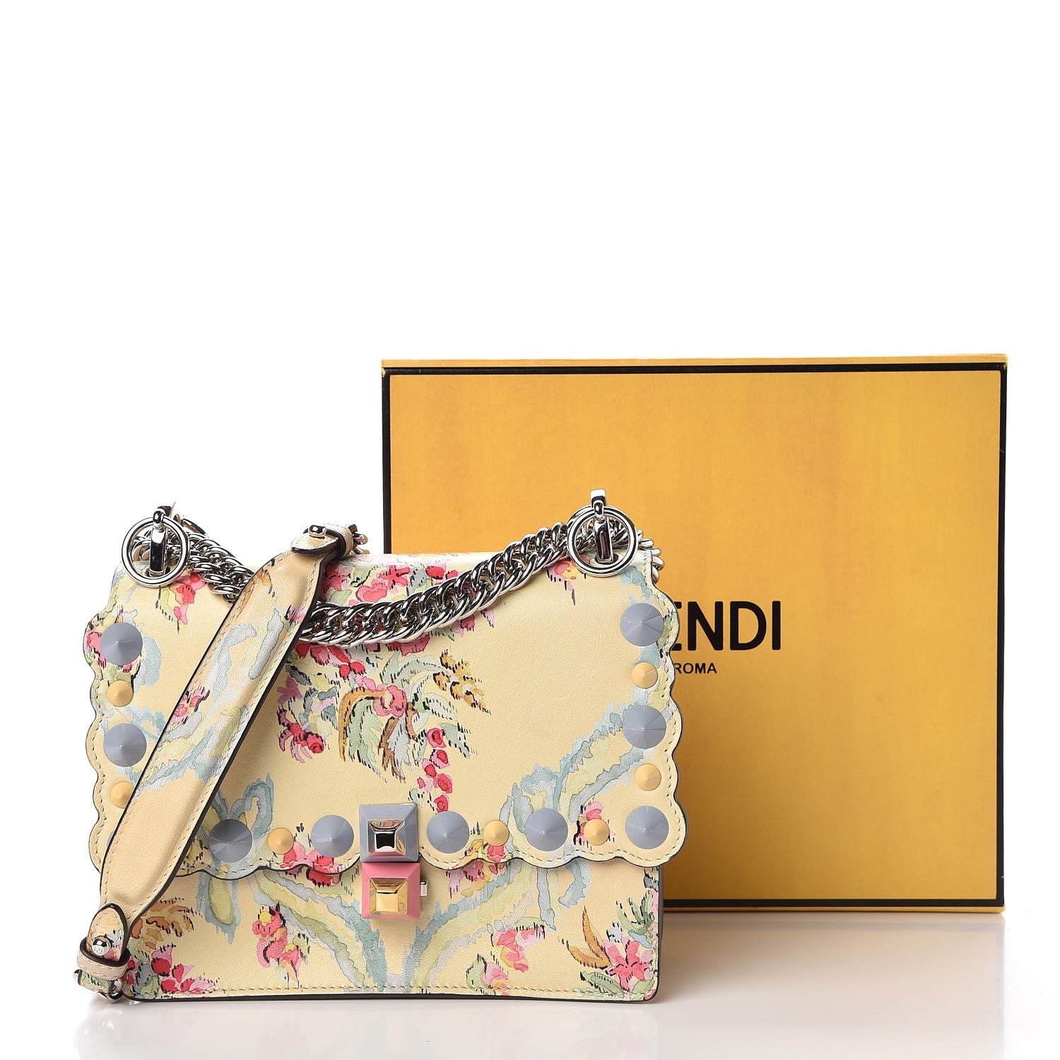 Fendi Vitello Marie Antoinette Print Scalloped Mix Studded Small Kan I Shoulder Bag Panna Multicolor 9 of 9
