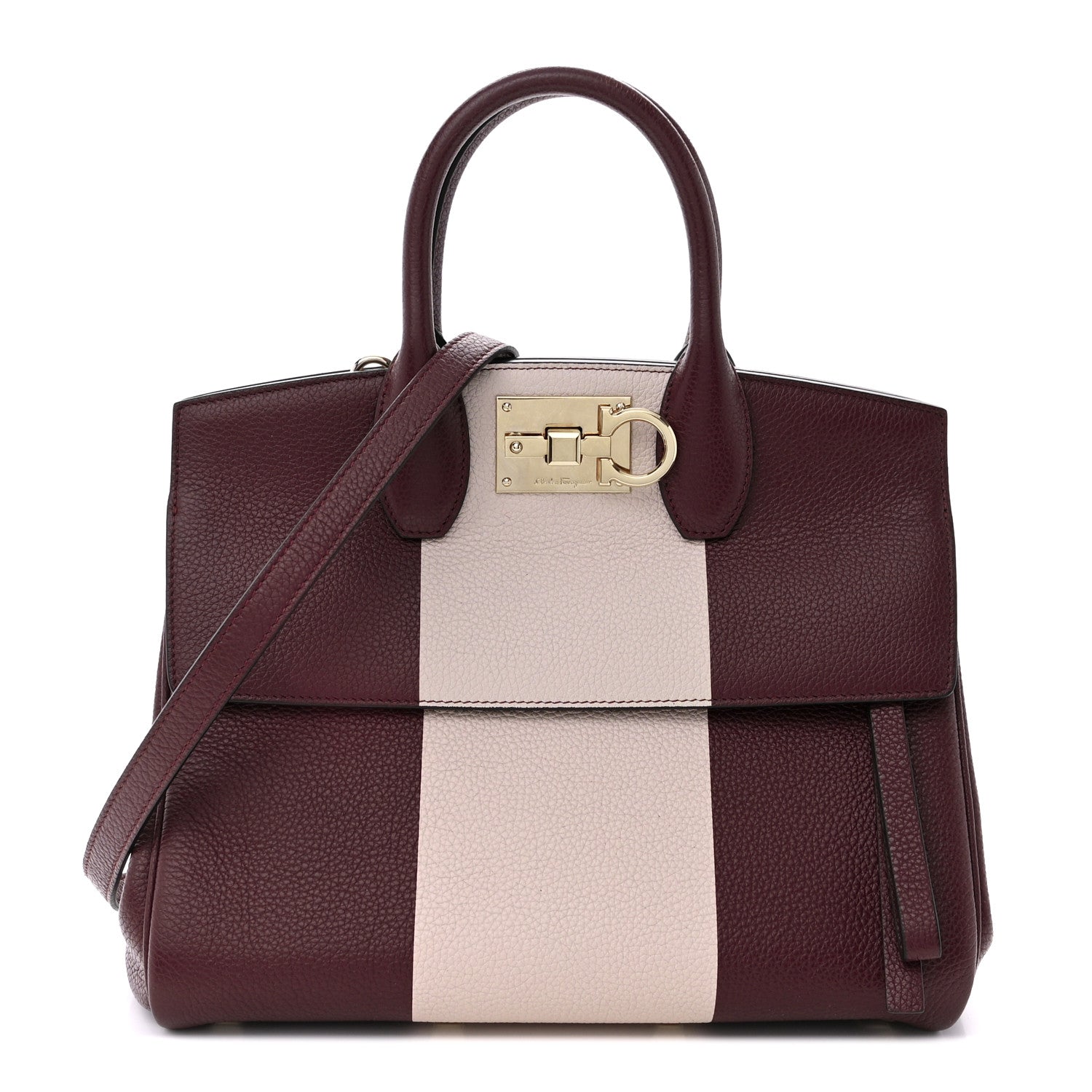 Salvatore Ferragamo Grained Calfskin Studio Top Handle Bag Burgundy Beige 1 of 15