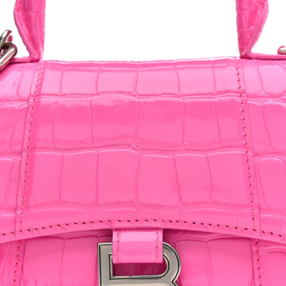 Balenciaga Shiny Calfskin Crocodile Embossed Hourglass Top Handle Bag XS Neon Pink 8 of 15