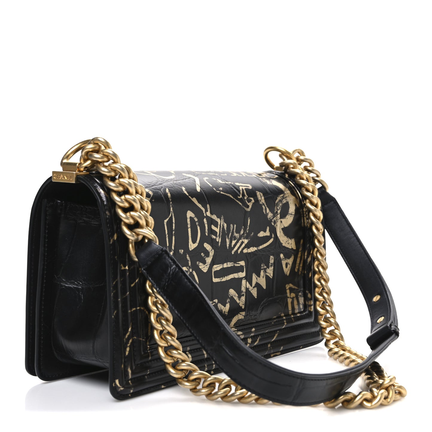 Calfskin Crocodile Embossed Graffiti Cocodile Medium Boy Flap Black
