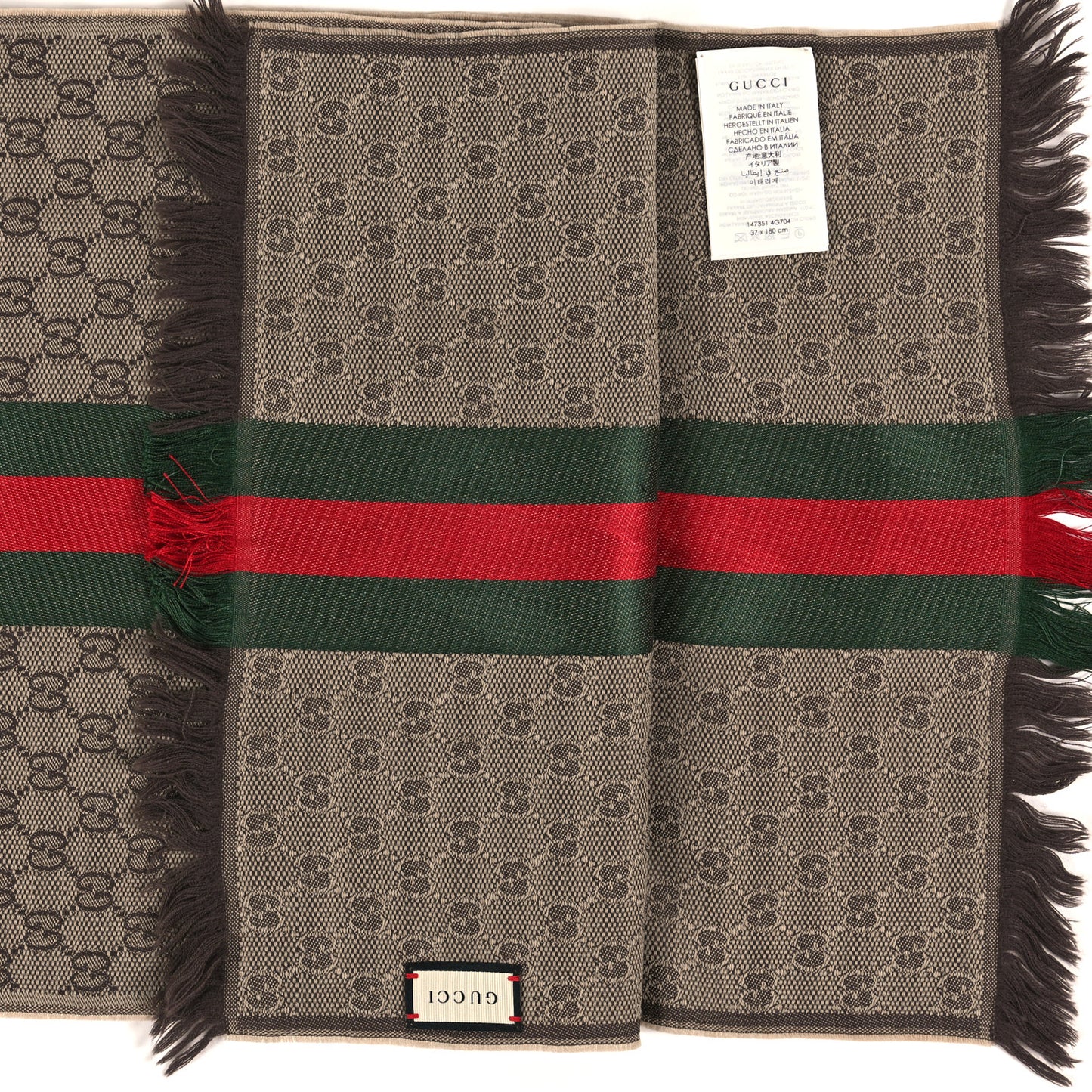 Wool Silk GG Monogram Web Verbier Fringe Scarf Light Brown Dark Green