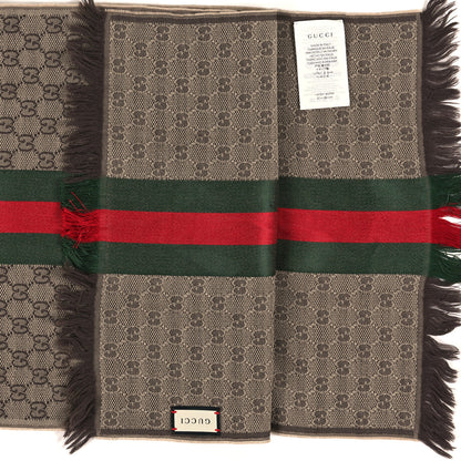 Gucci Wool Silk GG Monogram Web Verbier Fringe Scarf Light Brown Dark Green 3 of 3