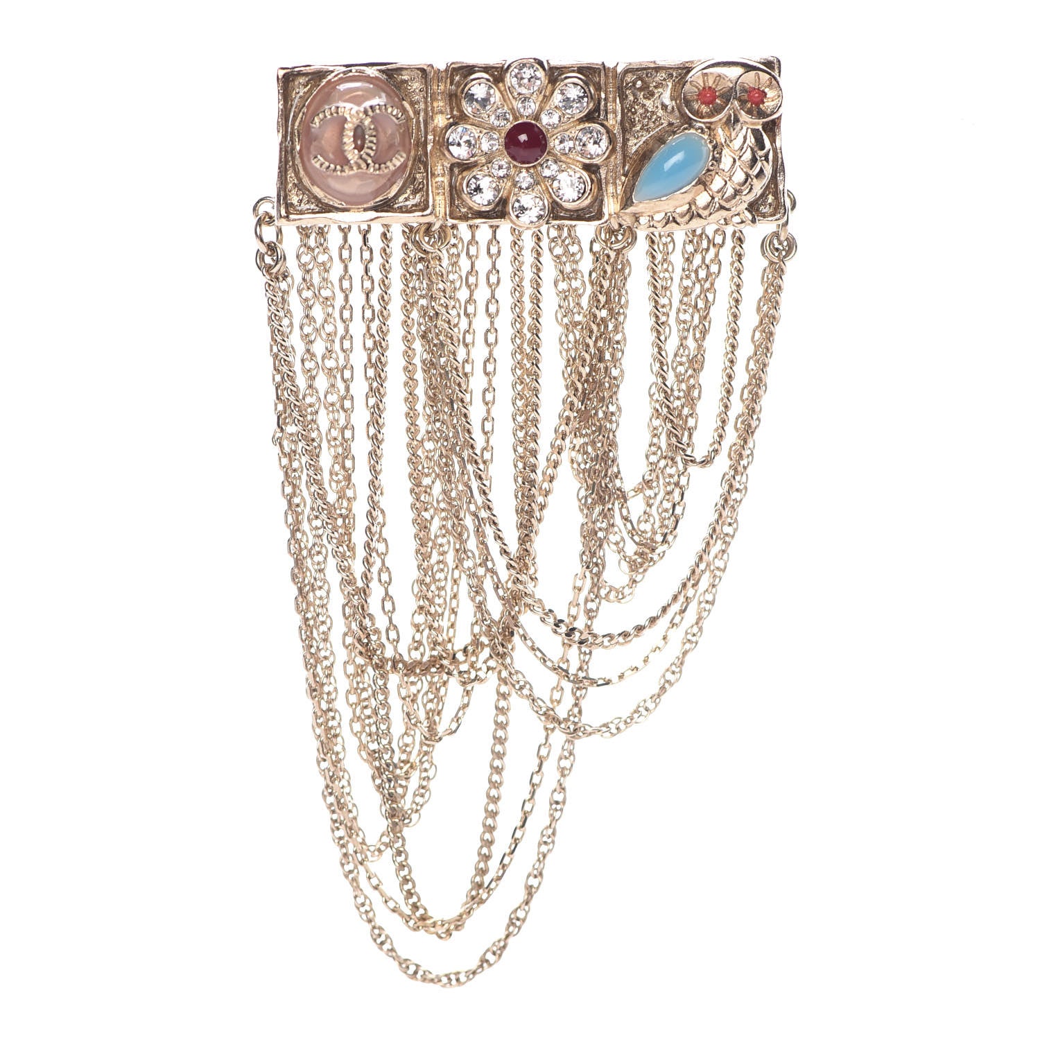 Chanel Enamel Crystal Multi Strand Chain Brooch Gold 1 of 5
