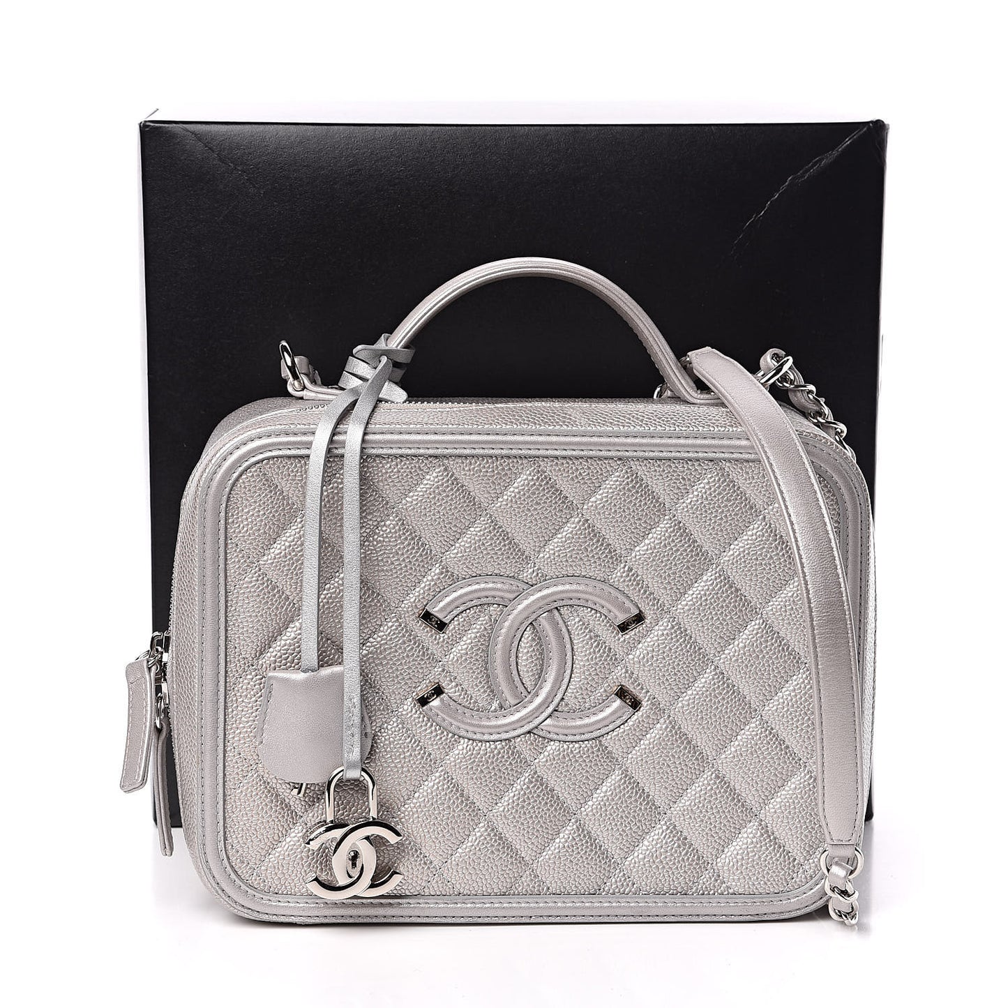 Metallic Caviar Quilted Large CC Filigree Vanity Case Silver