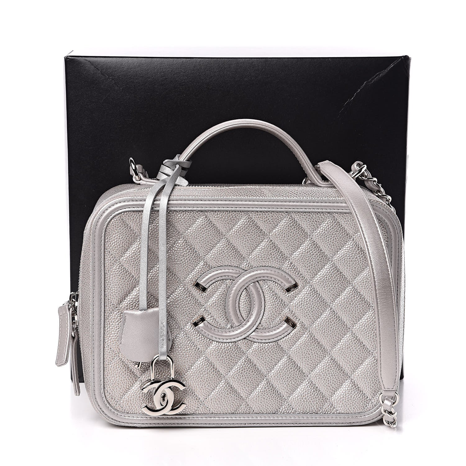 Chanel Metallic Caviar Quilted Large CC Filigree Vanity Case Silver 12 of 12