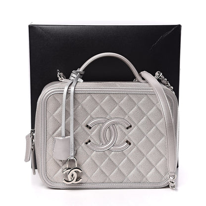 Chanel Metallic Caviar Quilted Large CC Filigree Vanity Case Silver 12 of 12
