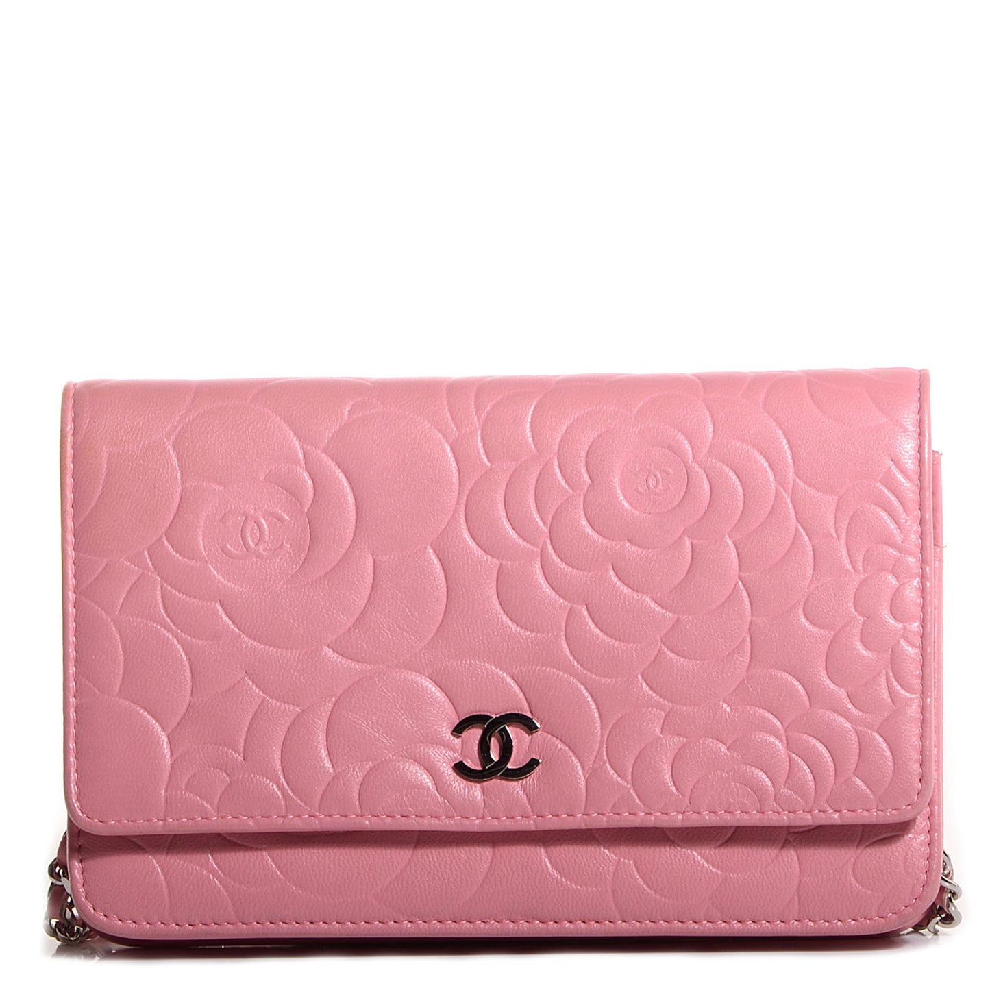 Lambskin Camellia Wallet on Chain WOC Pink