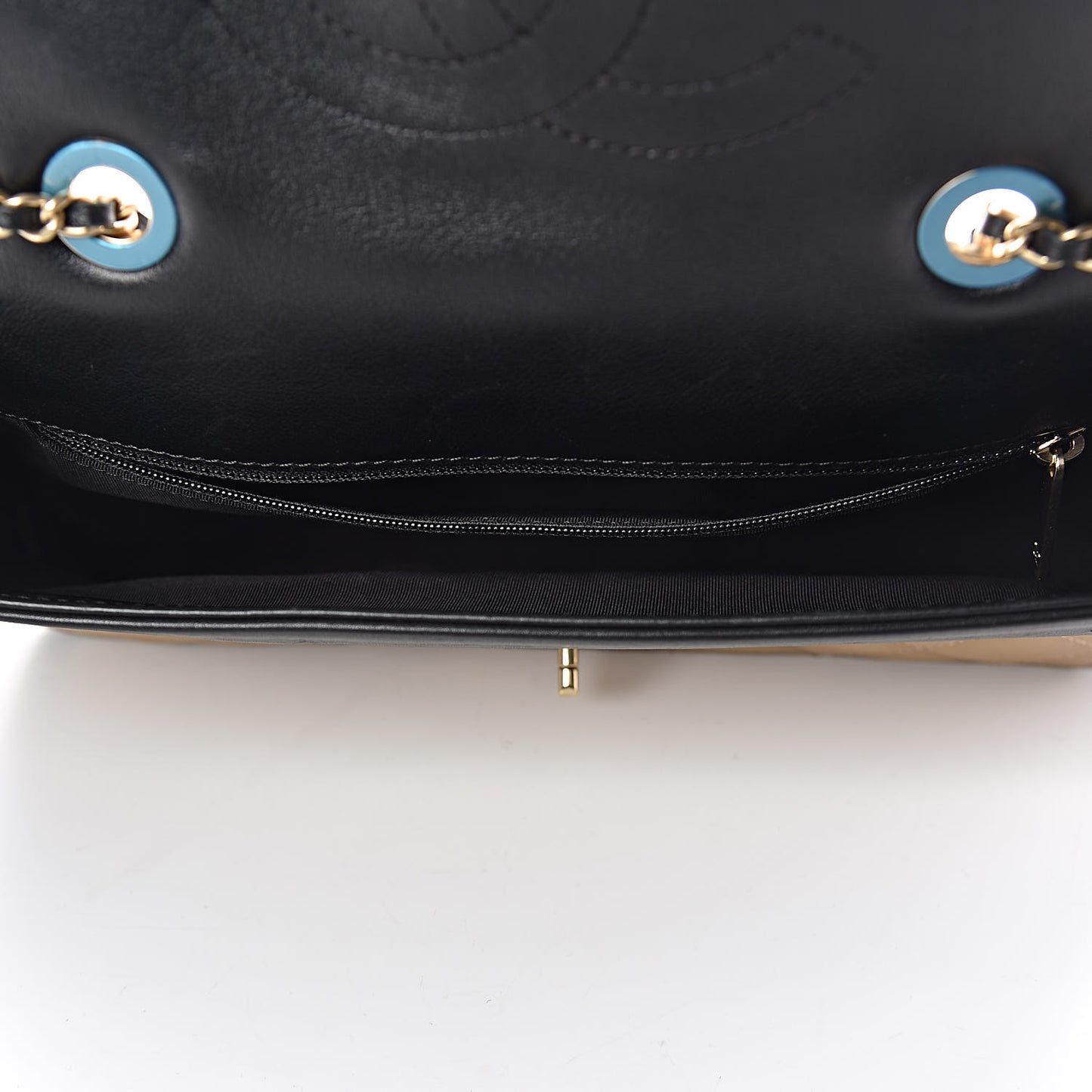 Calfskin Quilted Medium Graphic Flap Beige Black