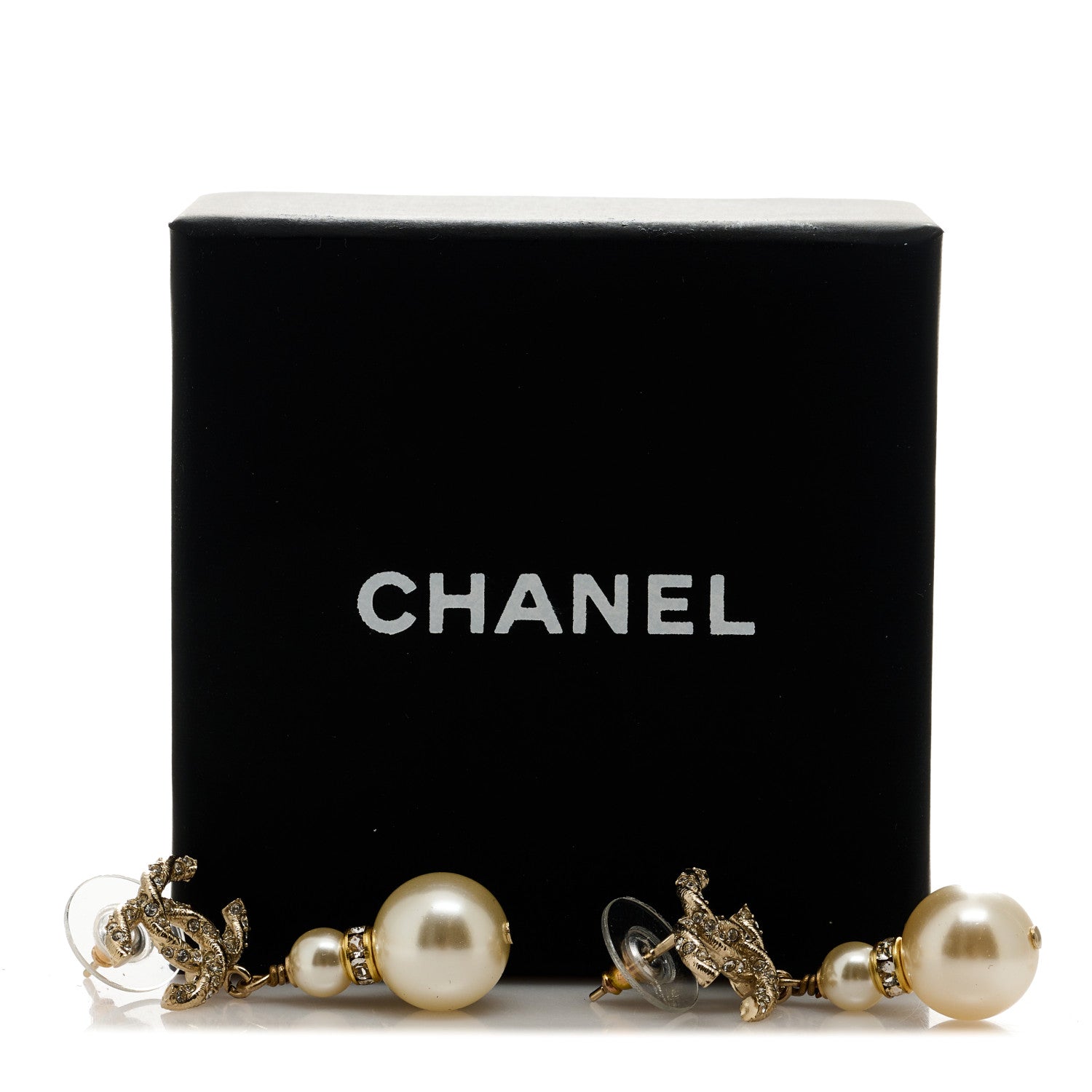 Chanel Crystal Pearl CC Drop Earrings Gold Pearly White 5 of 5