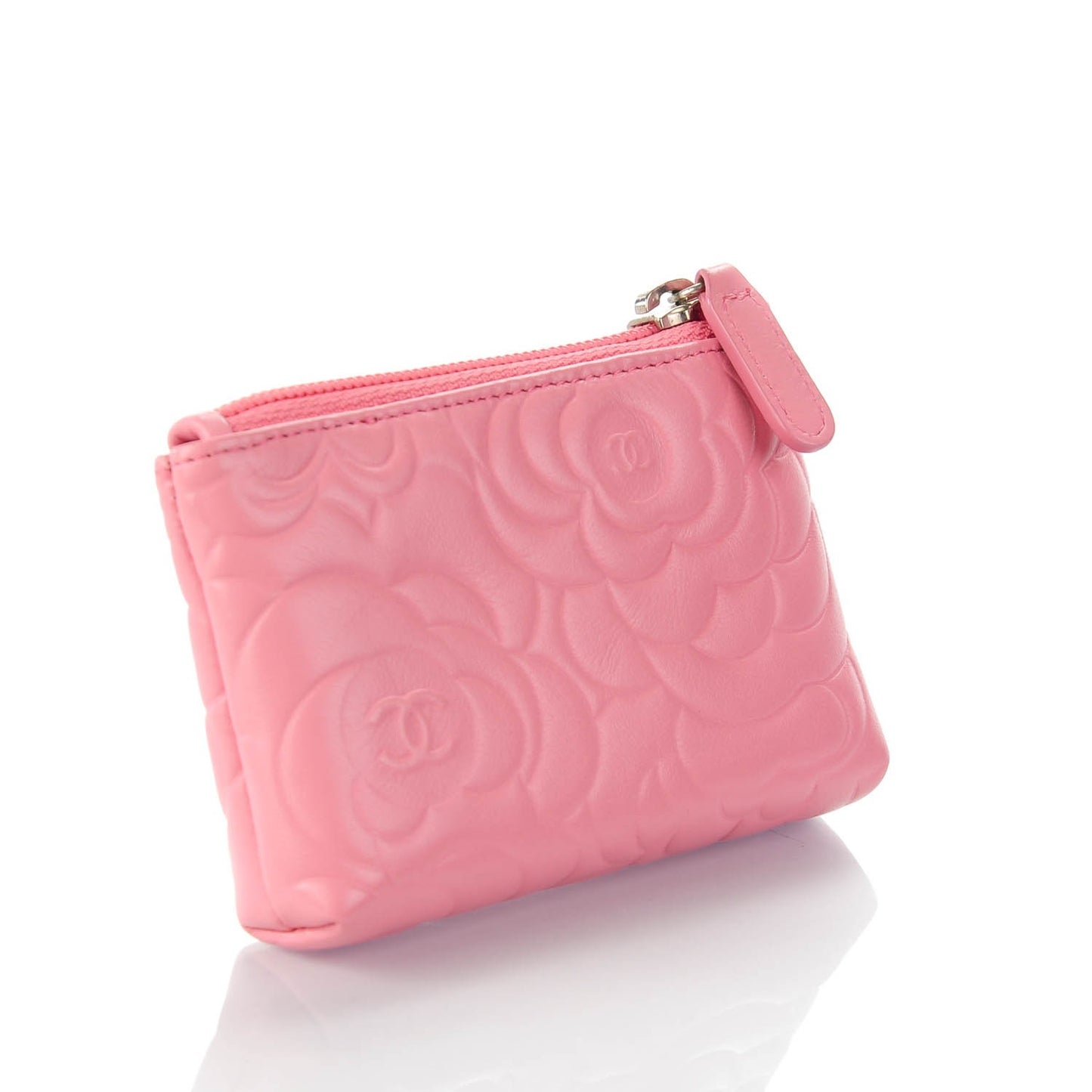 Lambskin Camellia Embossed Key Holder Case Pink