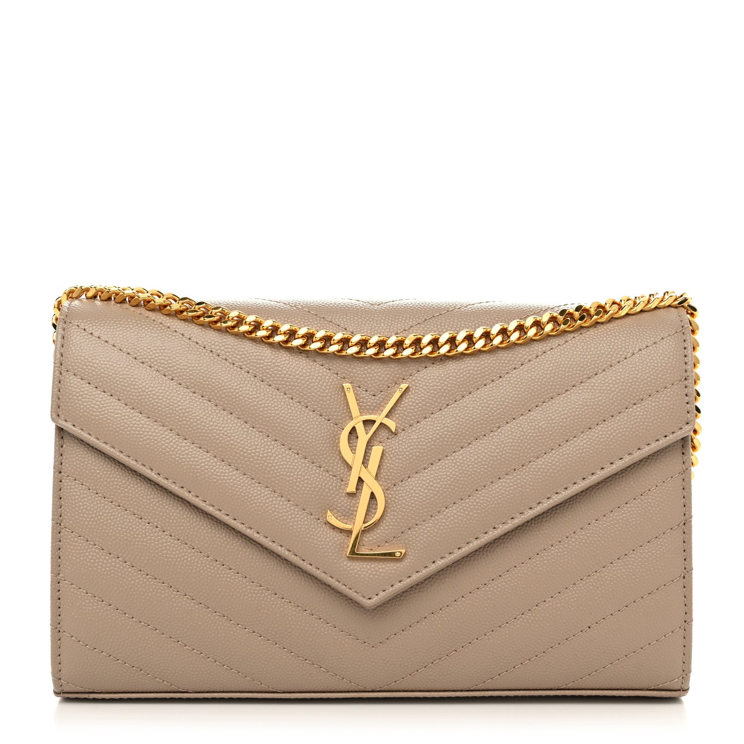Saint Laurent Grain De Poudre Matelasse Chevron Monogram Chain Wallet Dark Beige 1 of 10