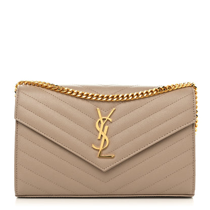Saint Laurent Grain De Poudre Matelasse Chevron Monogram Chain Wallet Dark Beige 1 of 10
