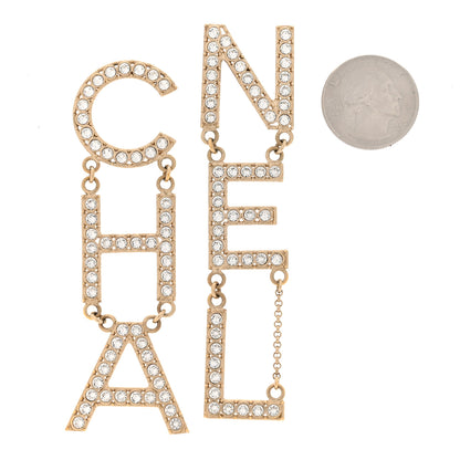 Chanel Crystal Cha-Nel Logo Drop Earrings Gold 2 of 6