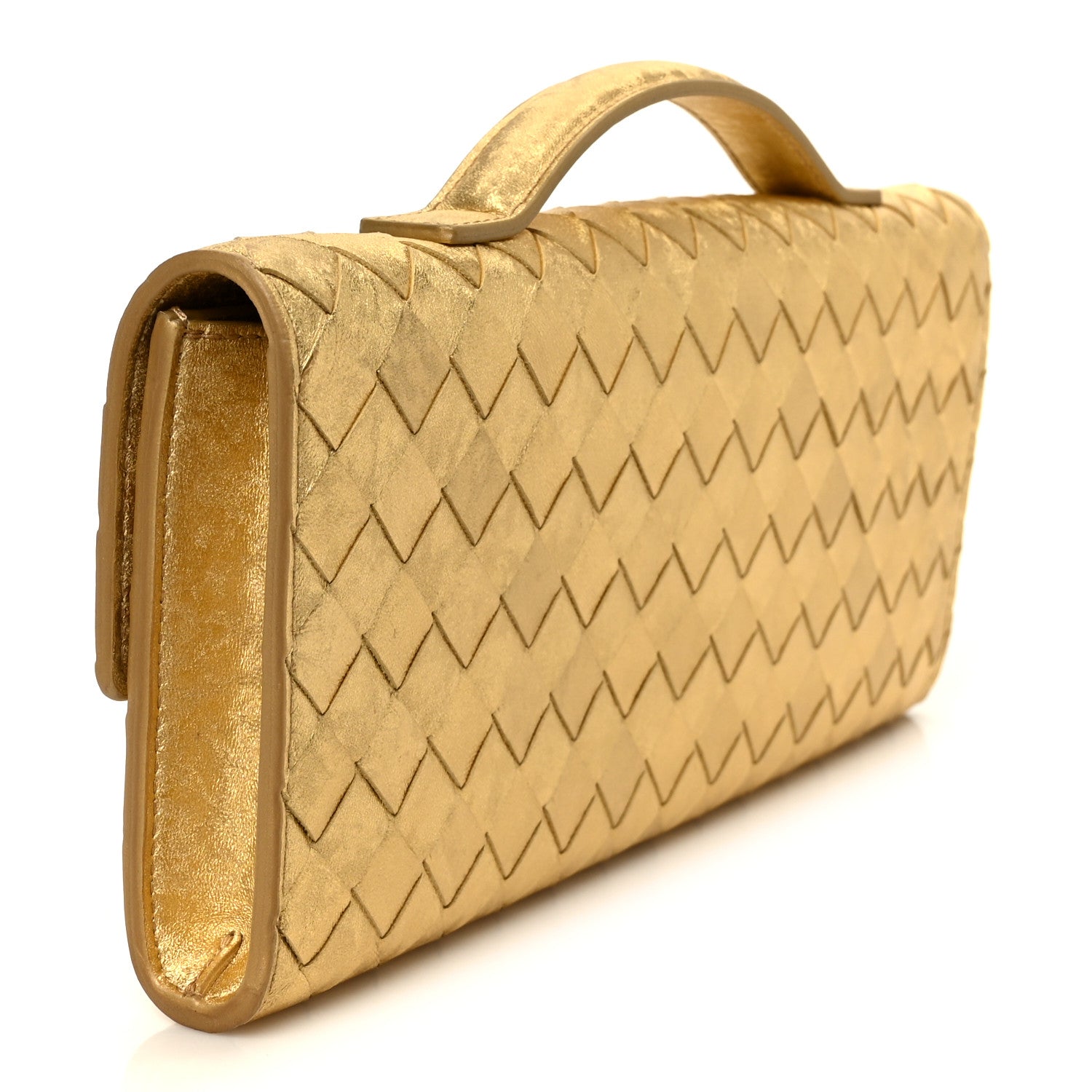 Bottega Veneta Metallic Satin Lambskin Intrecciato Long Andiamo Top Handle Clutch Gold 3 of 8