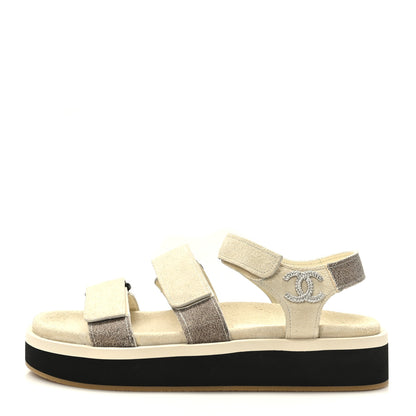 Chanel Suede Calfskin Velcro Flat Sandals 39 Ivory Dark Beige 1 of 8