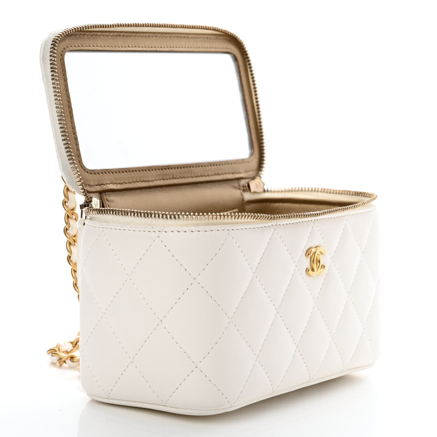 Lambskin Quilted Pearl Crush Small Vanity Case With Chain White