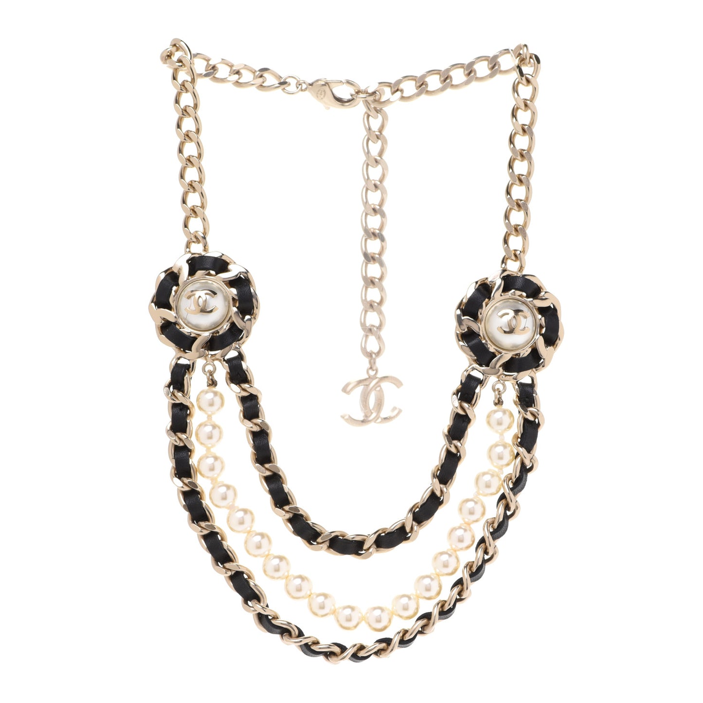 Pearl Lambskin Chain CC Multi Strand Necklace Gold Black