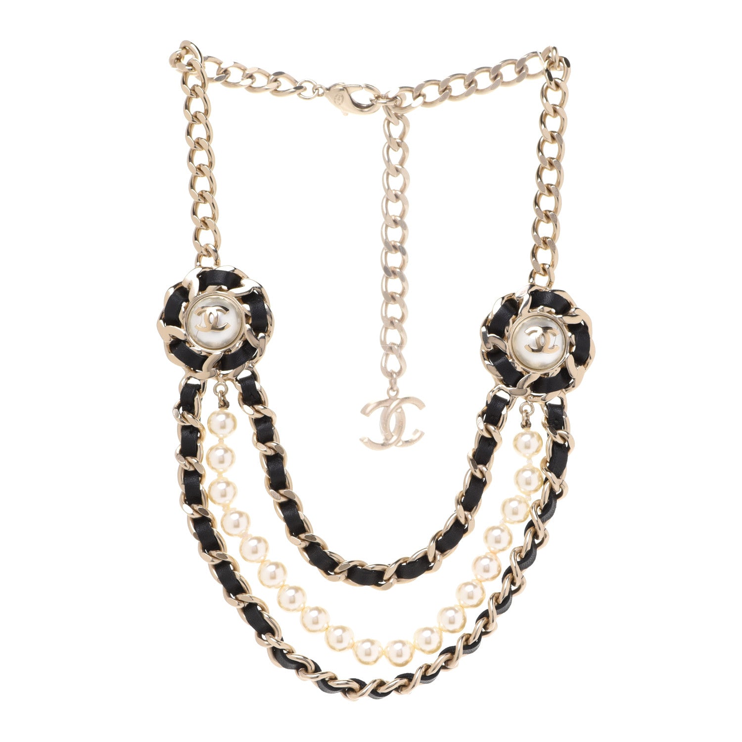 Chanel Pearl Lambskin Chain CC Multi Strand Necklace Gold Black 3 of 5