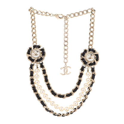 Chanel Pearl Lambskin Chain CC Multi Strand Necklace Gold Black 3 of 5