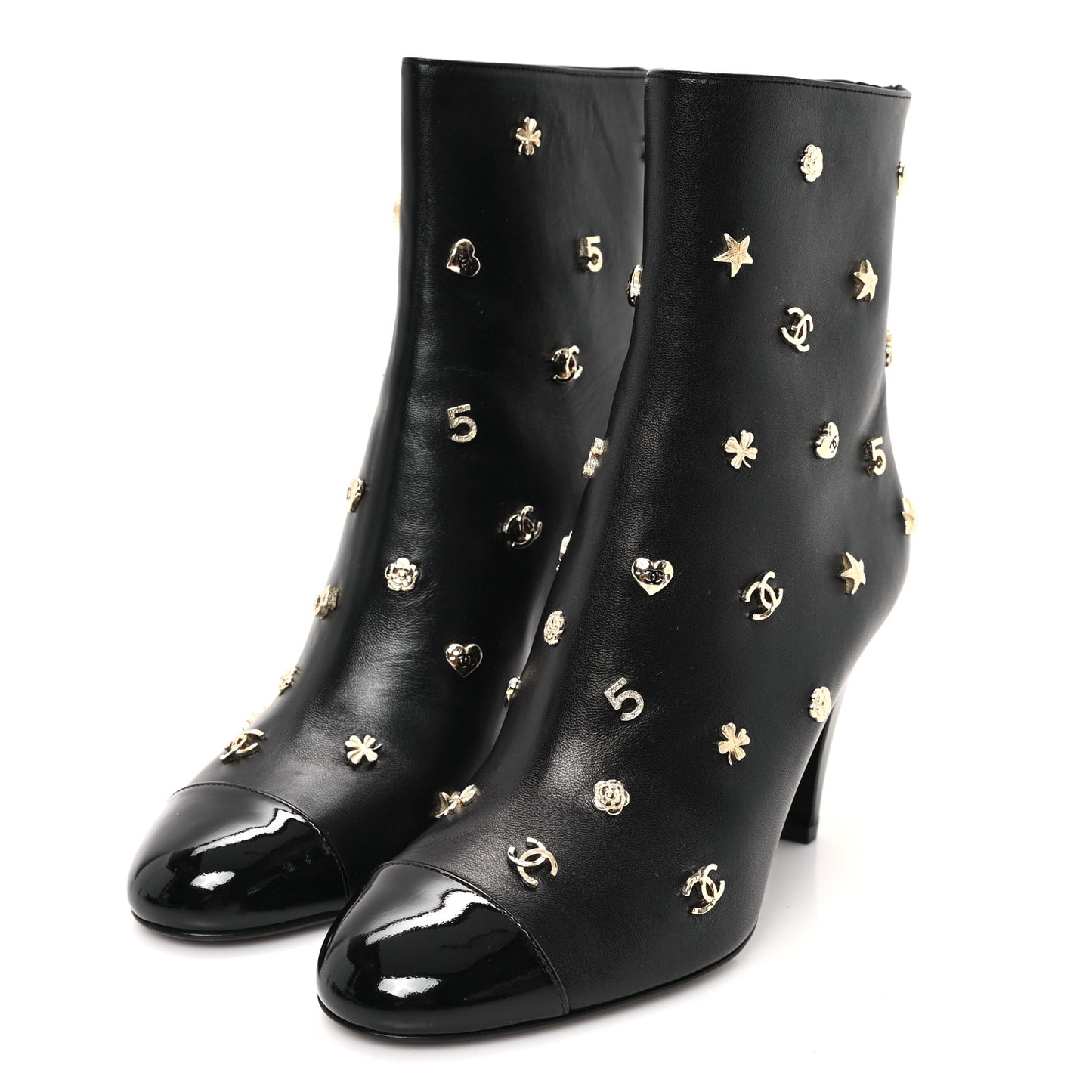 Lambskin Patent Cap Toe Charms Ankle Booties 38 Black