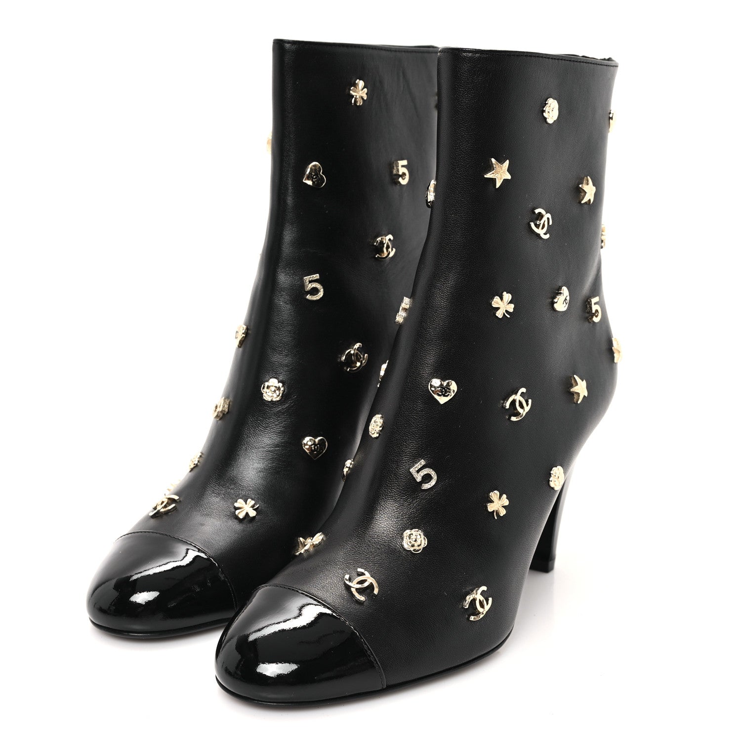 Chanel Lambskin Patent Cap Toe Charms Ankle Booties 38 Black 4 of 9