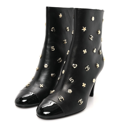 Chanel Lambskin Patent Cap Toe Charms Ankle Booties 38 Black 4 of 9
