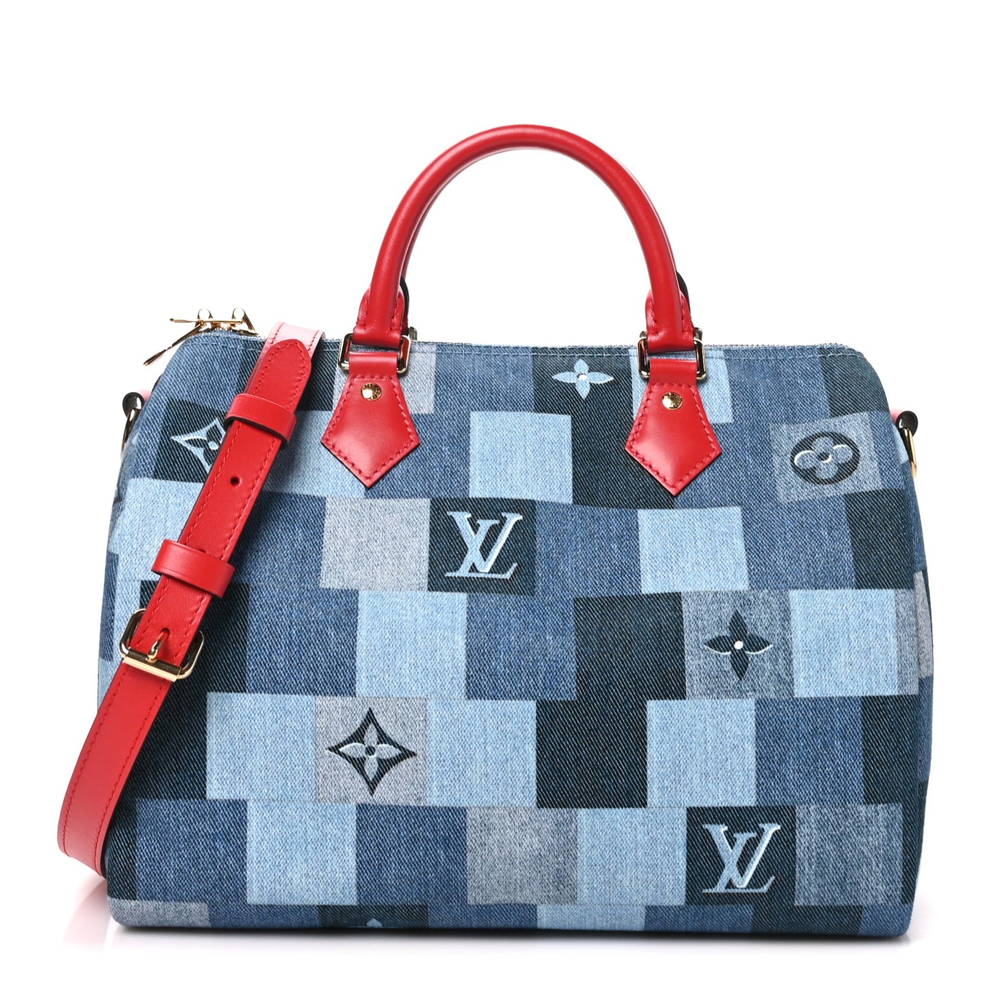 Denim Damier Monogram Patchwork Speedy Bandouliere 30 Blue Rouge