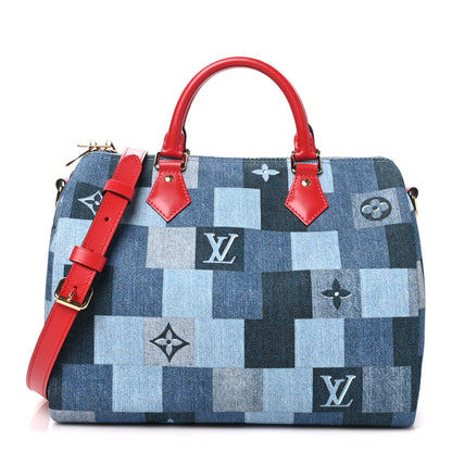 Louis Vuitton Denim Damier Monogram Patchwork Speedy Bandouliere 30 Blue Rouge 1 of 9