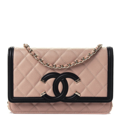 Chanel Caviar Quilted CC Filigree Wallet On Chain WOC Beige Black 1 of 4
