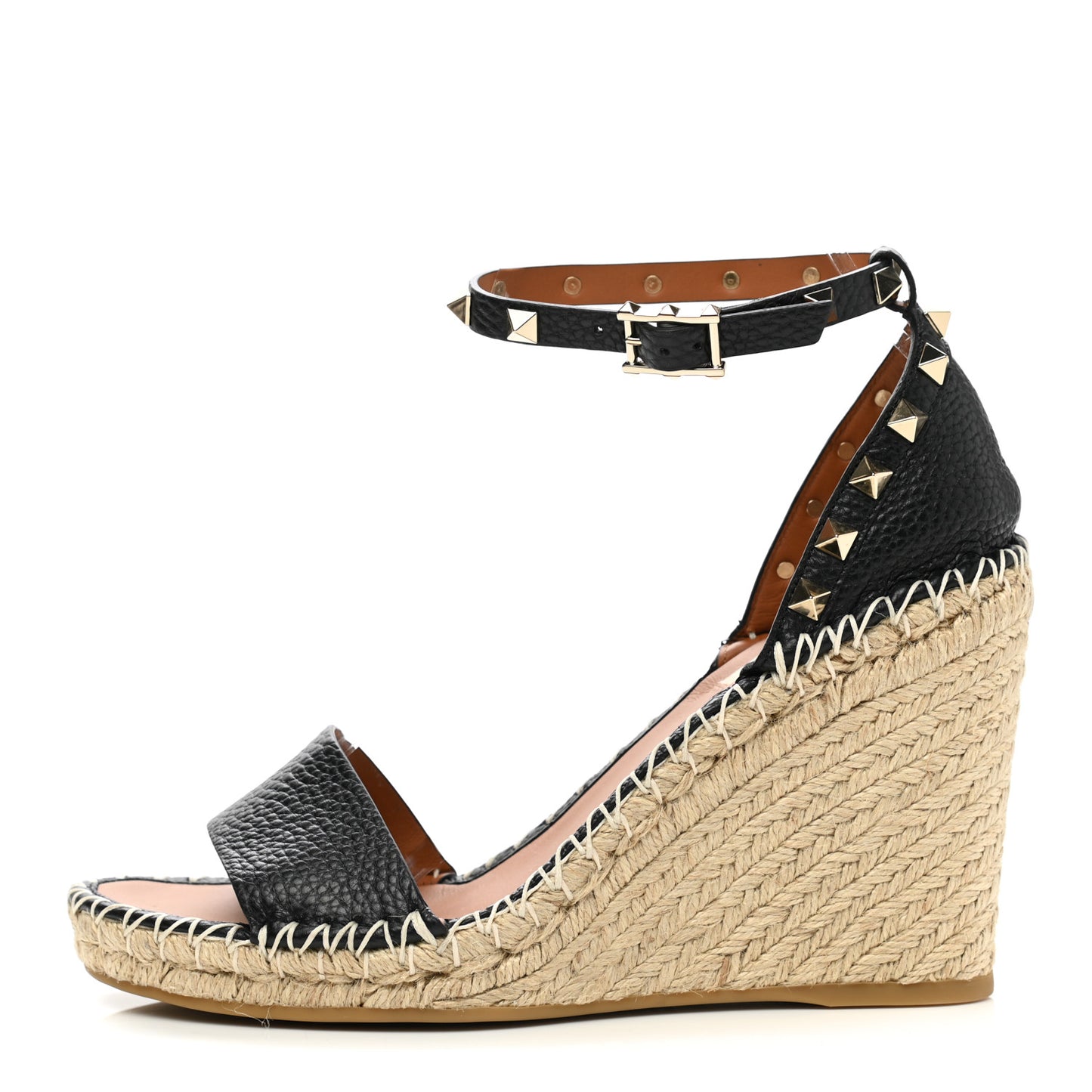 Grained Calfskin Rockstud Ankle Strap Espadrille 15/105mm Wedge Sandals 39 Black Light Cuir Natural
