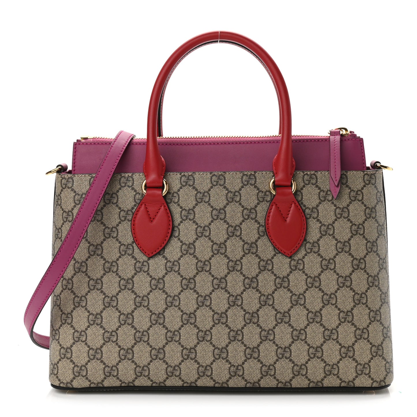 GG Supreme Monogram Moon Calfskin Small Zip Top Tote Beige Ebony Hibiscus Red New Rosette