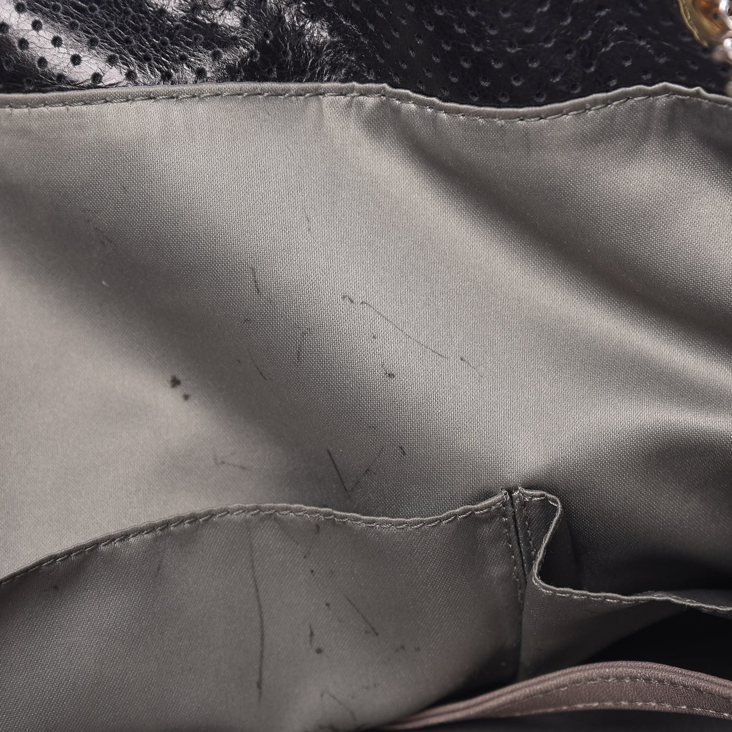 Metallic Crackled Calfskin Perforated Drill Shoulder Bag Black