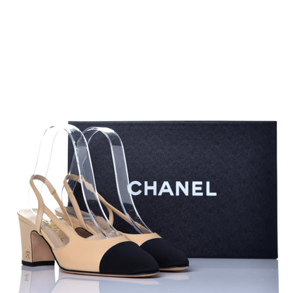 Chanel Goatskin Grosgrain Cap Toe CC Slingback Pumps 35 Beige Black 9 of 9