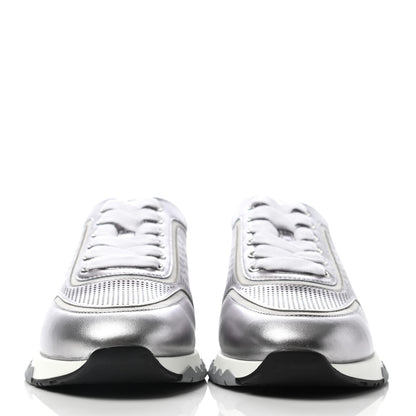 Hermes Perforated Calfskin Womens Addict Sneakers 38.5 Gris Argenté Vieille Blanc 2 of 4