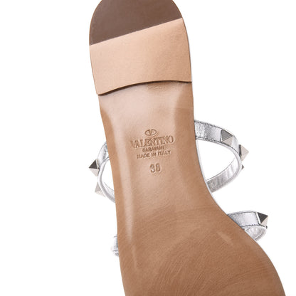 Valentino Garavani Metallic Nappa Rockstud Caged Flat Slide Sandals 38 Silver 6 of 9