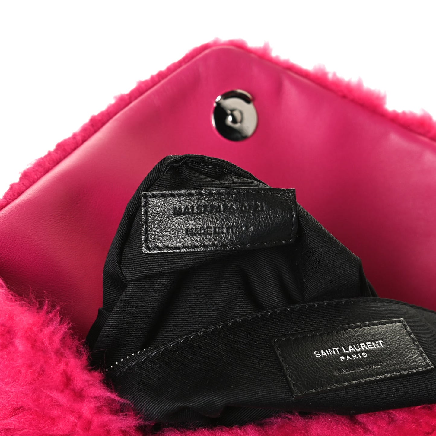 Merino Shearling Lambskin Quilted Small Loulou Puffer Monogram Chain Satchel Fuchsia