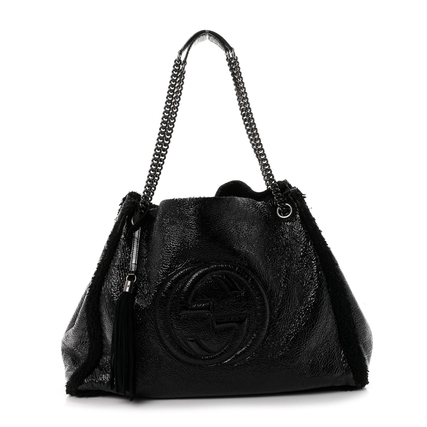 Patent Shearling Large Soho Chain Shoulder Bag Black