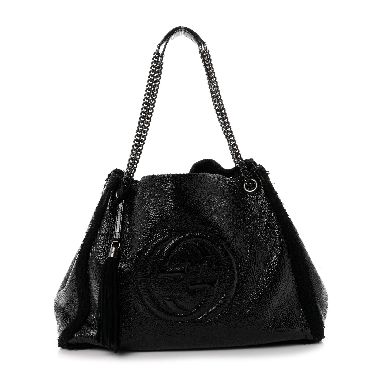 Gucci Patent Shearling Large Soho Chain Shoulder Bag Black 1 of 11