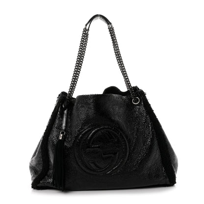 Gucci Patent Shearling Large Soho Chain Shoulder Bag Black 1 of 11