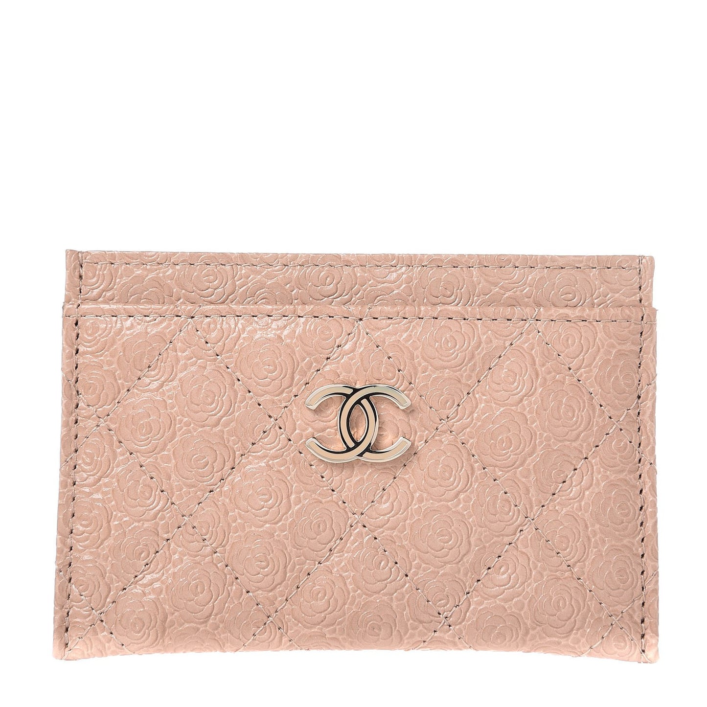 Camellia Calfskin Embossed Quilted Card Holder Beige