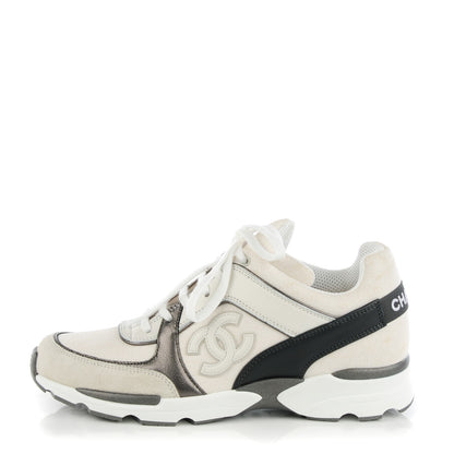 Chanel Suede Calfskin CC Sneakers 37 White Grey 1 of 9
