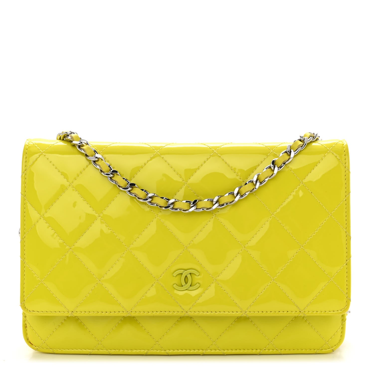 Chanel Patent Quilted Wallet On Chain WOC Yellow 1 of 12