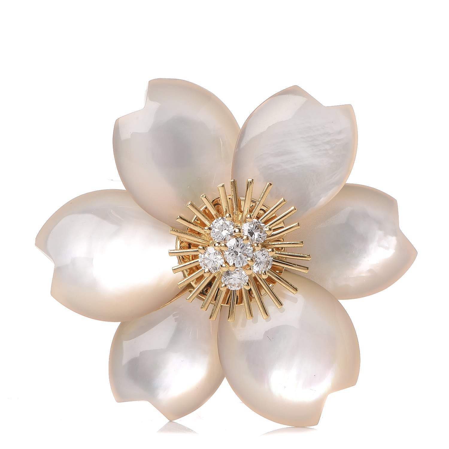 Van Cleef & Arpels 18K Yellow Gold Diamond Mother of Pearl Medium Rose De Noel Flower Brooch Pin 1 of 3