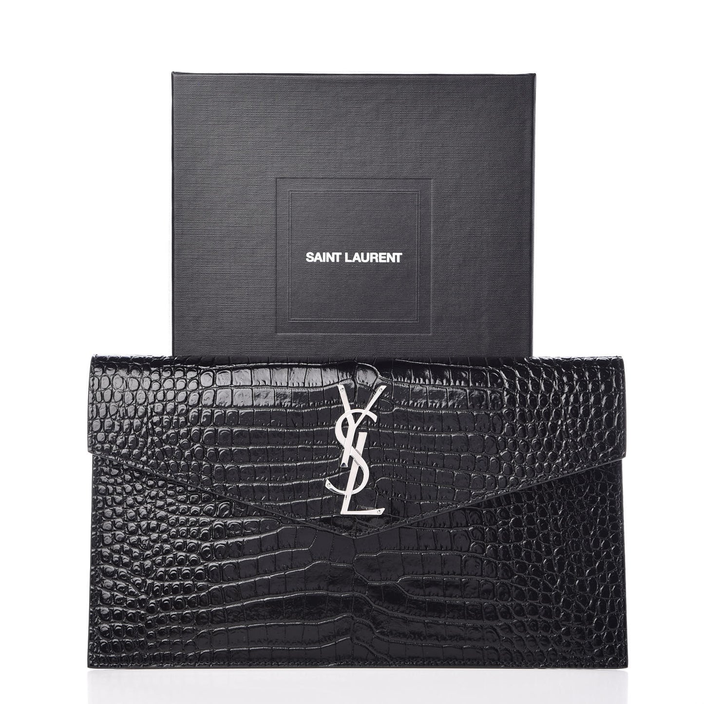 Calfskin Crocodile Embossed Uptown Monogram Clutch Black