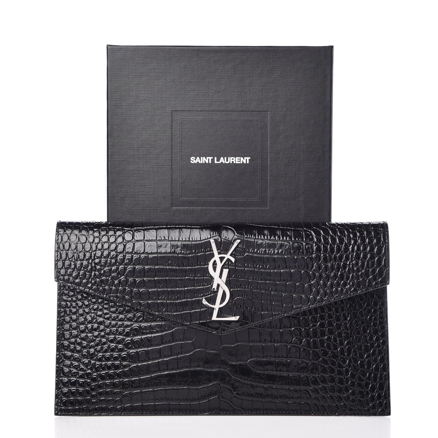 Saint Laurent Calfskin Crocodile Embossed Uptown Monogram Clutch Black 7 of 7