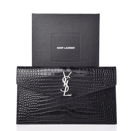 Saint Laurent Calfskin Crocodile Embossed Uptown Monogram Clutch Black 7 of 7
