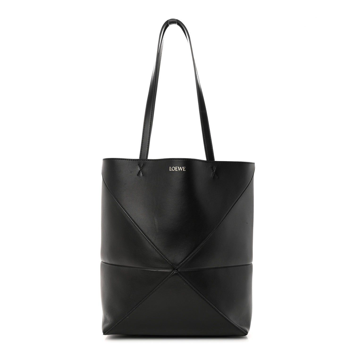front view image of a LOEWE Shiny Calfskin Medium Puzzle Fold Tote in the color Black by FASHIONPHILE